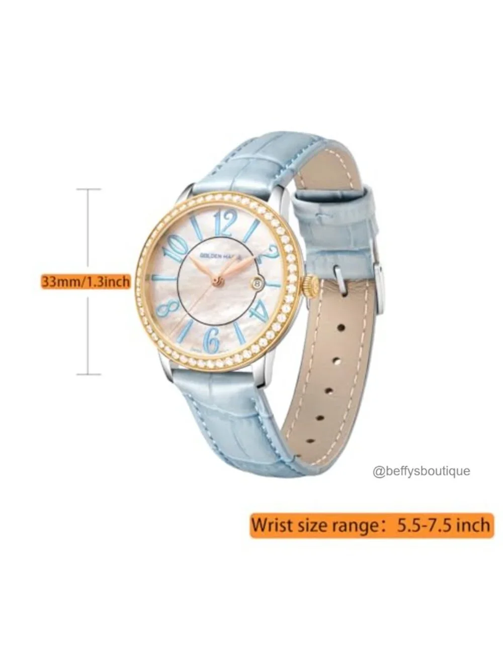 Swiss Quartz Watch with Diamond Bezel, Genuine Leather Strap, Elegant Women's